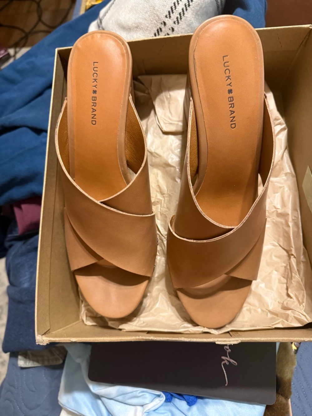 Lucky Brand Tan Crossover Leather Slide Mules